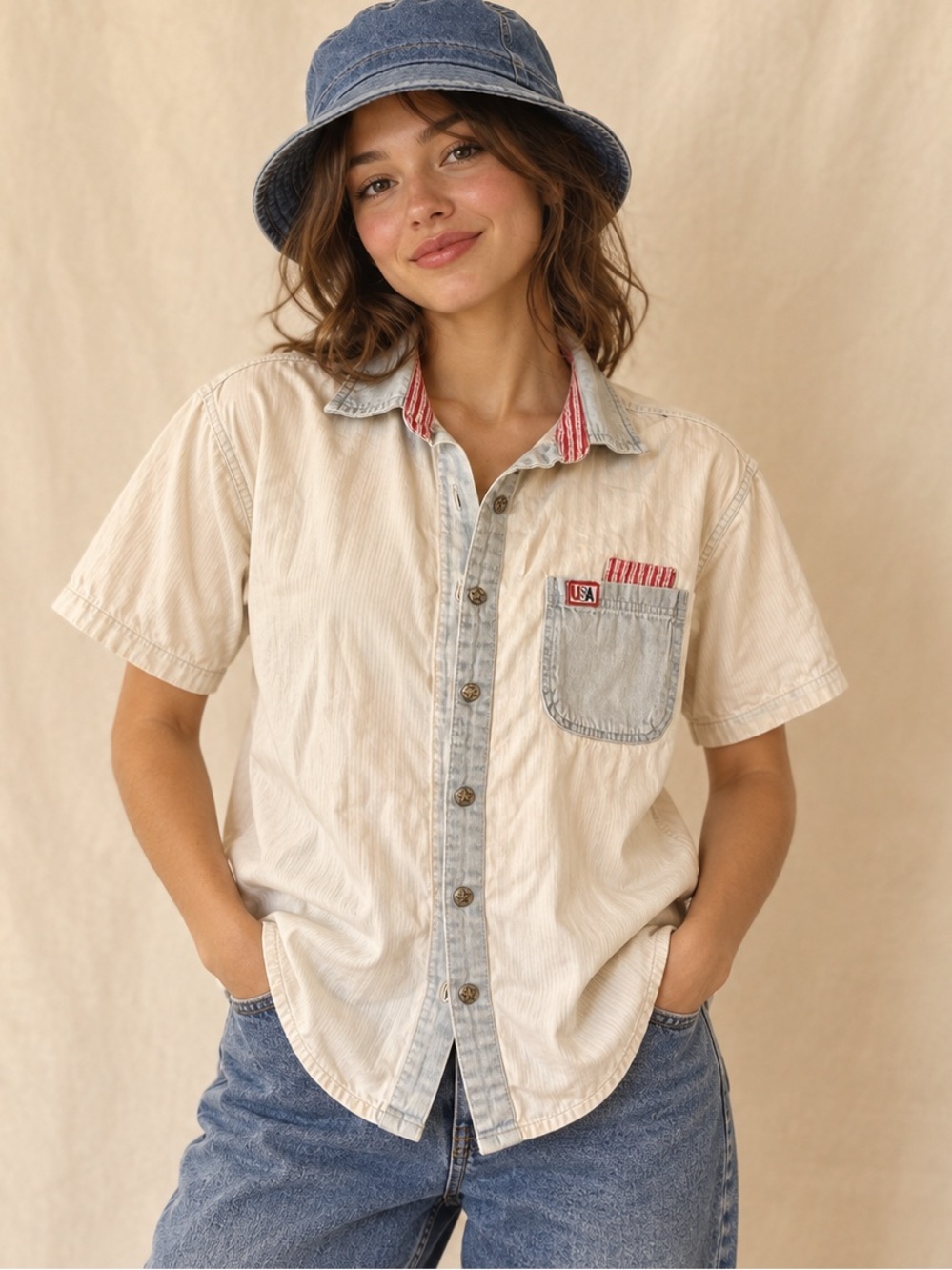 Vintage 90s Casey & Max USA Patch Button-Up Shirt